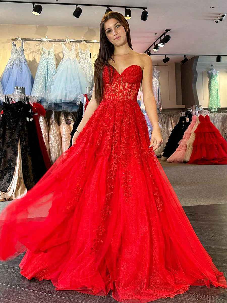 Lavender Sweetheart Strapless Lace Corset A Line Prom Dress Evening Gown