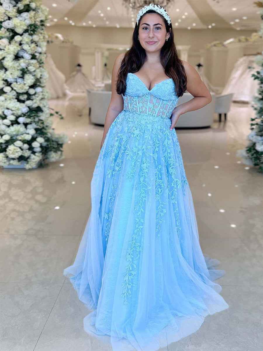 Lavender Sweetheart Strapless Lace Corset A Line Prom Dress Evening Gown