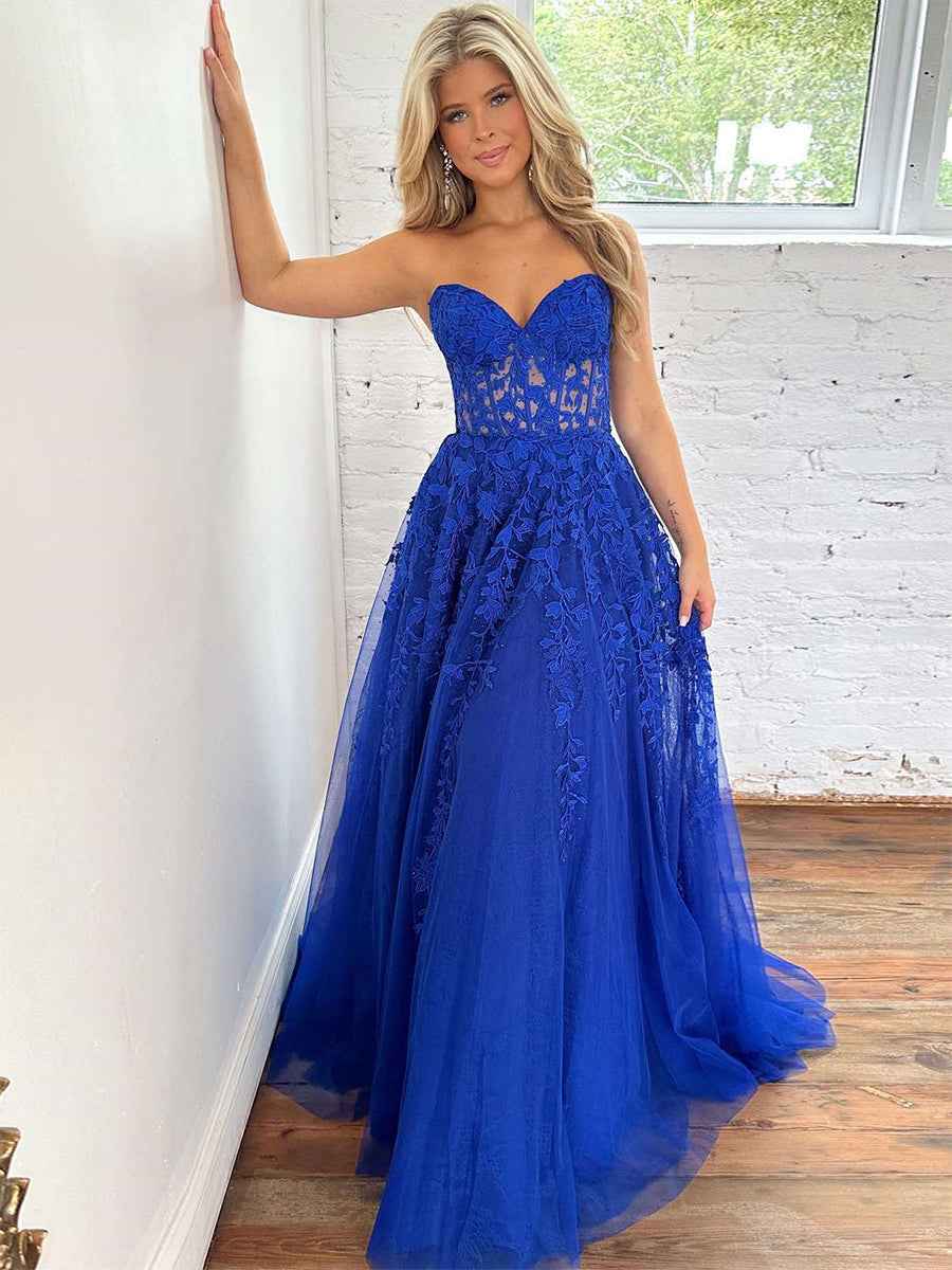 Lavender Sweetheart Strapless Lace Corset A Line Prom Dress Evening Gown