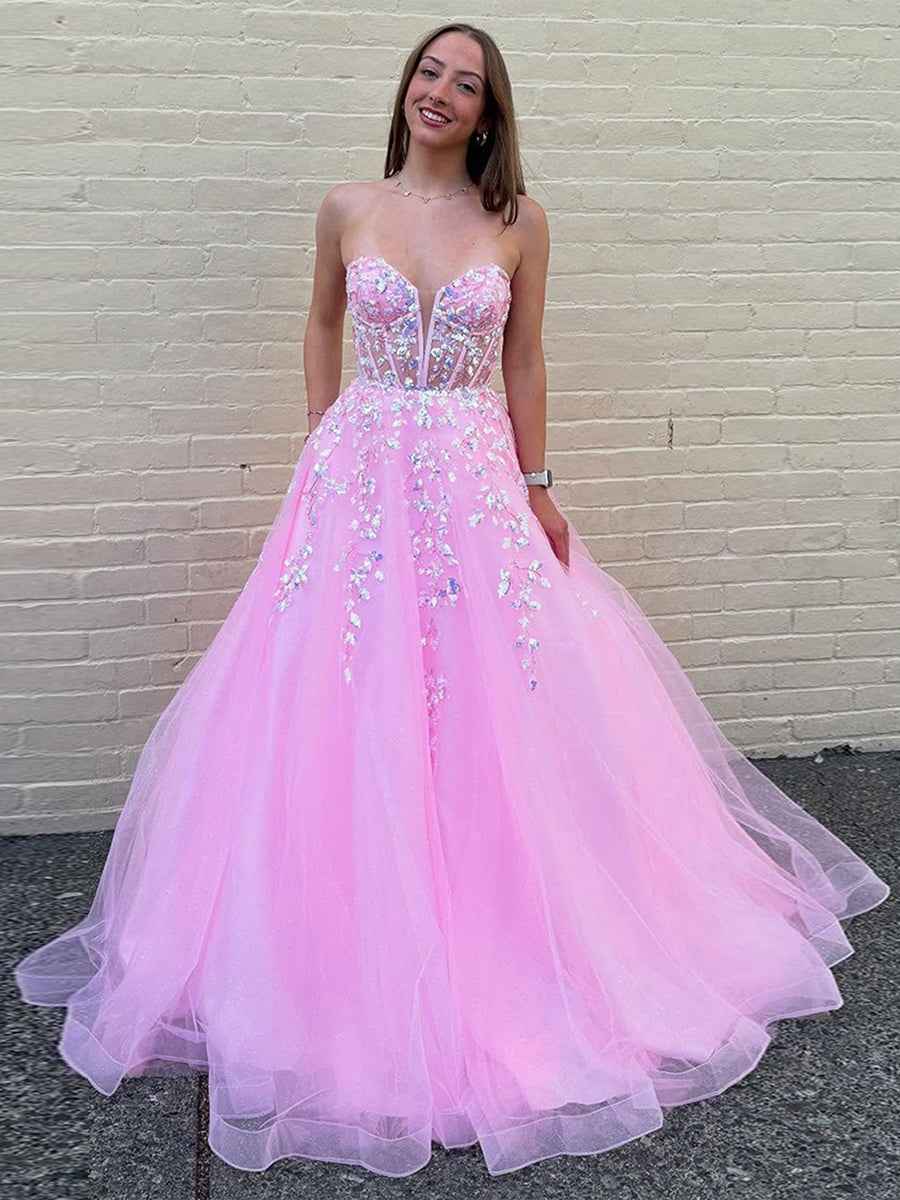 Sweetheart Strapless Long Corset Prom Dress with Appliques