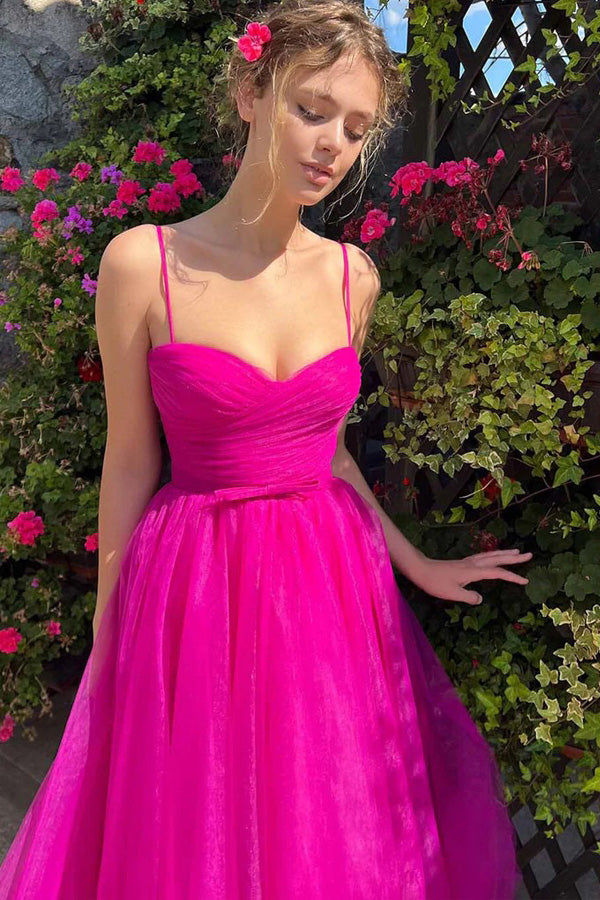 Vestido de Baile Comprimento Chá Rosa-Choque Coração Vestido de Baile Simples