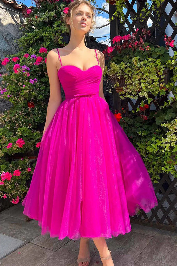 Vestido de Baile Comprimento Chá Rosa-Choque Coração Vestido de Baile Simples