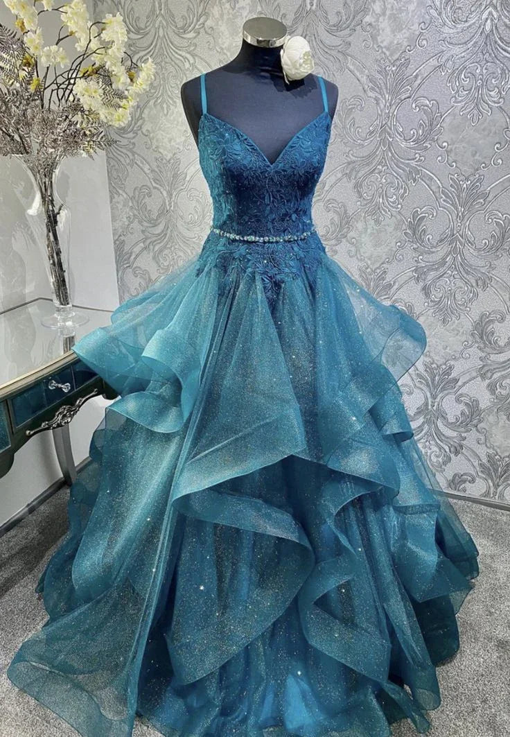 Azul brilhante com decote em v tule apliques lantejoulas longo vestido de baile cinta de espaguete vestido de noite y8051