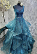 Azul brilhante com decote em v tule apliques lantejoulas longo vestido de baile cinta de espaguete vestido de noite y8051
