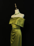 Classy Olive Green Satin Off The Shoulder Slit Prom Dress Slit Mermaid Evening Dress Y8650