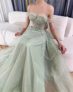 Sage Green A-Line Off The Shoulder Tulle Beaded Evening Dress Formal Prom Dress Y8157