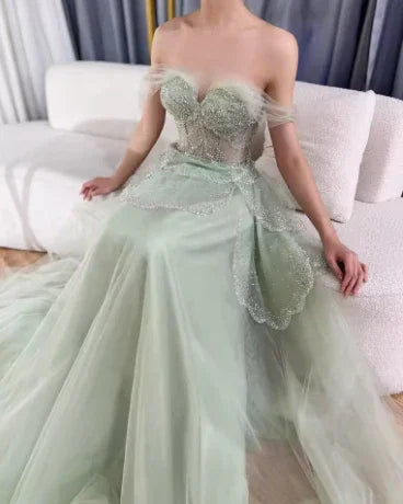 Sage Green A-Line Off The Shoulder Tulle Beaded Evening Dress Formal Prom Dress Y8157