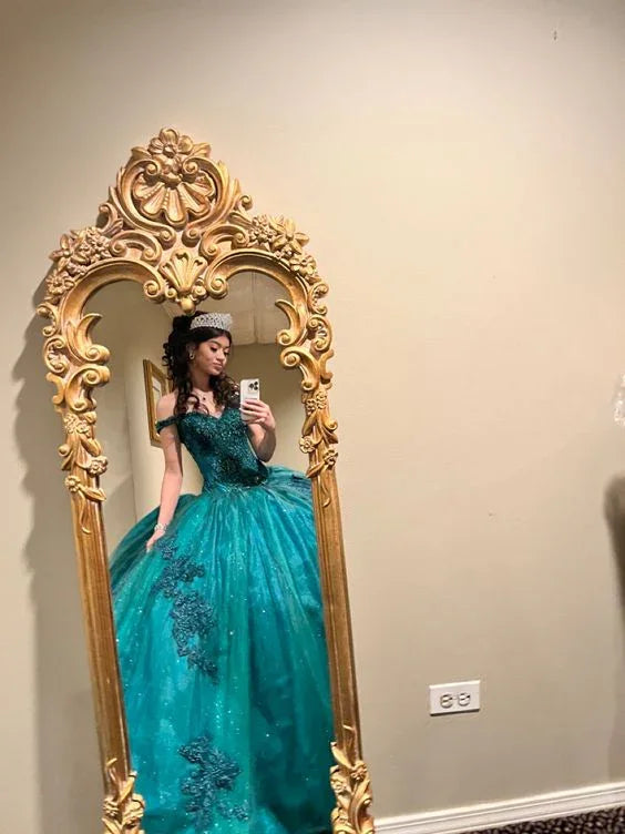 Vestido de Baile Verde Esmeralda com Ombros Descobertos, Vestido Doce 16, Vestido para Festa de 18 Anos Y6499