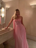 Vestido longo de baile de chiffon rosa com decote em coração Y8479