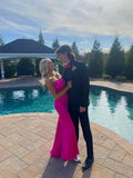 Robe de bal longue élégante en satin fuchsia sans bretelles, robe de soirée fuchsia Y2254