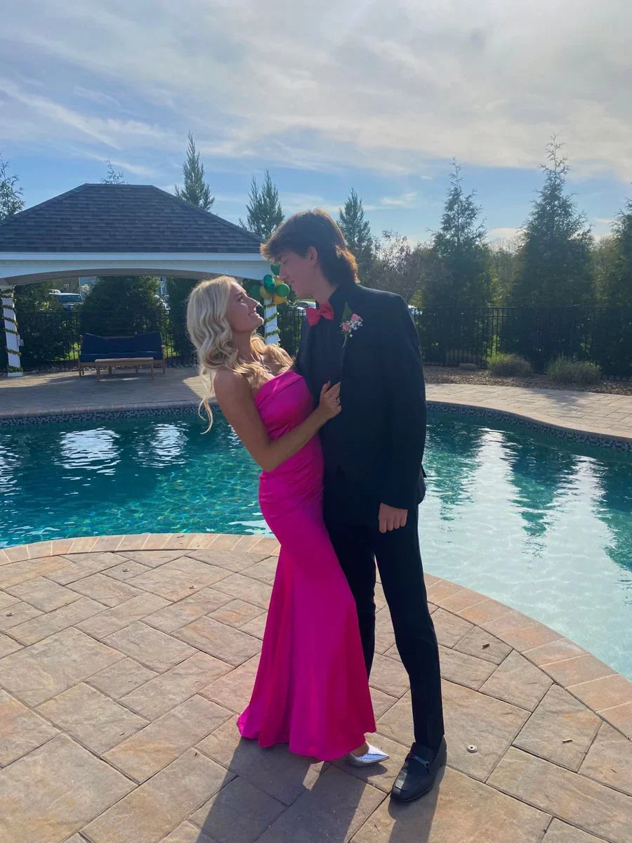 Robe de bal longue élégante en satin fuchsia sans bretelles, robe de soirée fuchsia Y2254
