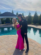 Robe de bal longue élégante en satin fuchsia sans bretelles, robe de soirée fuchsia Y2254