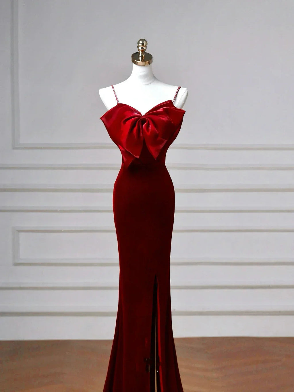 Charming Burgundy Velvet Slit Mermaid Evening Dress Long Prom Dress Y8603