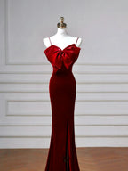 Charming Burgundy Velvet Slit Mermaid Evening Dress Long Prom Dress Y8603