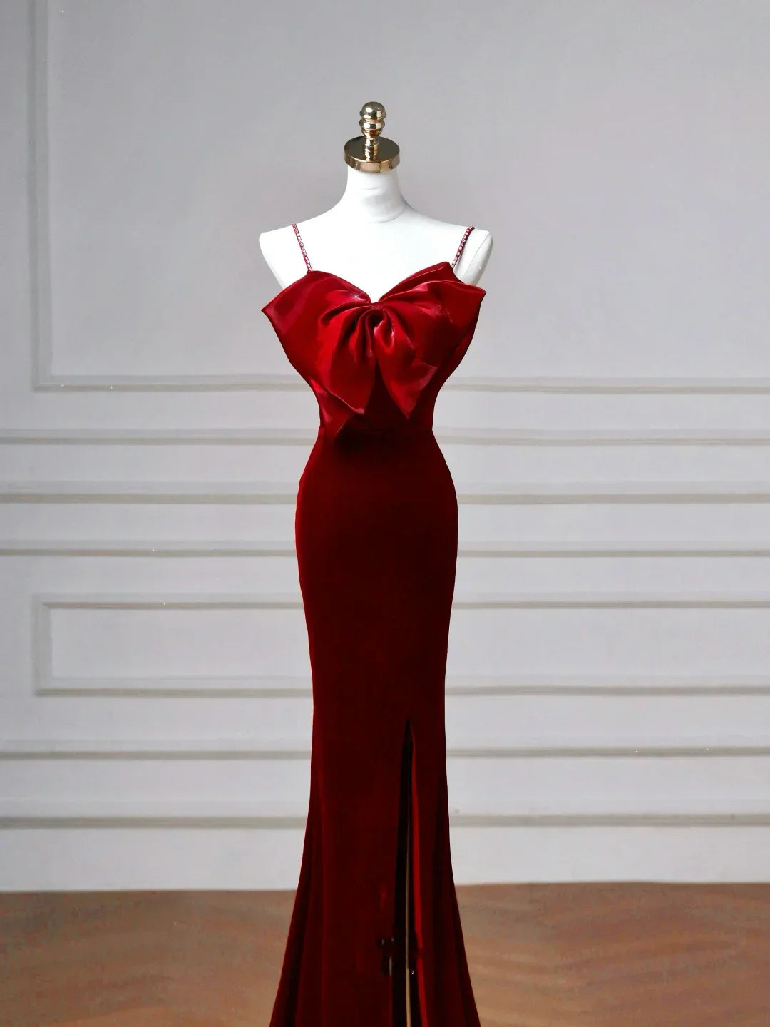 Charming Burgundy Velvet Slit Mermaid Evening Dress Long Prom Dress Y8603