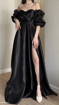 Vestido de Baile Elegante Preto com Decote Coração e Ombros Descobertos, Corte em A, Mangas Bufantes, Fenda, Vestido Longo de Noite Y8283