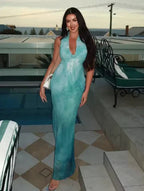 Vestido longo elegante de chiffon azul, costas descobertas, estampado, para baile de finalistas, vestido de noite Y8478