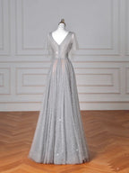 Vestido de Festa Cinzento Brilhante em Tule com Lantejoulas, Corte em A, Decote em V Sexy, Vestido de Noite Y8638