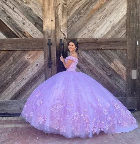 Vestido de Baile Luxuoso de Alfazema com Ombros Descobertos, Vestido Doce 16, Vestido de Princesa Y7182