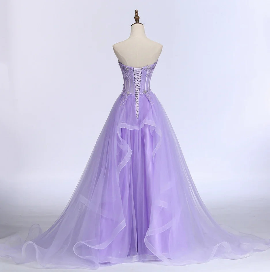 Neues Süßes Bankett Hellviolettes Spitzenlanges Abendkleid Die Braut Elegantes Trägerloses A-Linien Abschlussballformelles Festkleid Y1845