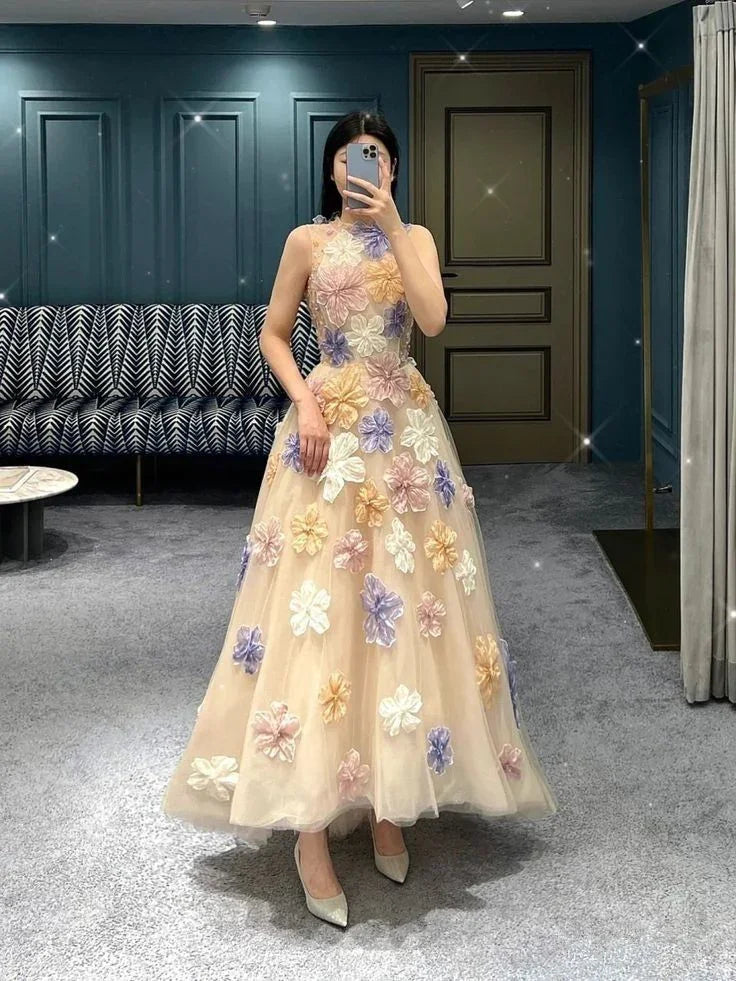 Robe de bal unique en tulle coupe trapèze avec fleurs Robe de soirée formelle Y2871