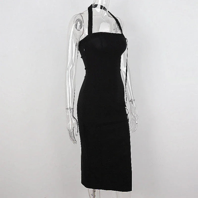 Robe de bal noire pour femme à col licou avec fente Robe de soirée noire sans manches sexy Y1161