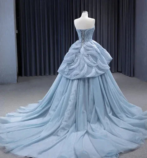 Vestido Princesa de Tule Azul Encantador com Decote Coração, Vestido de Baile Azul, Vestido de Fada Azul Y6472