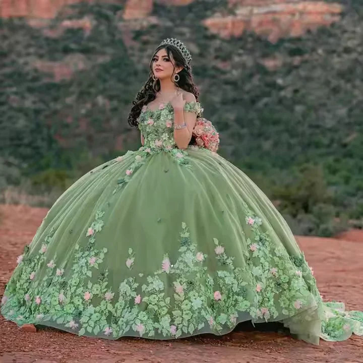 Light Sage Green Quinceanera Dresses Sweet 16 Pageant Floral Ball Gown  Y2063