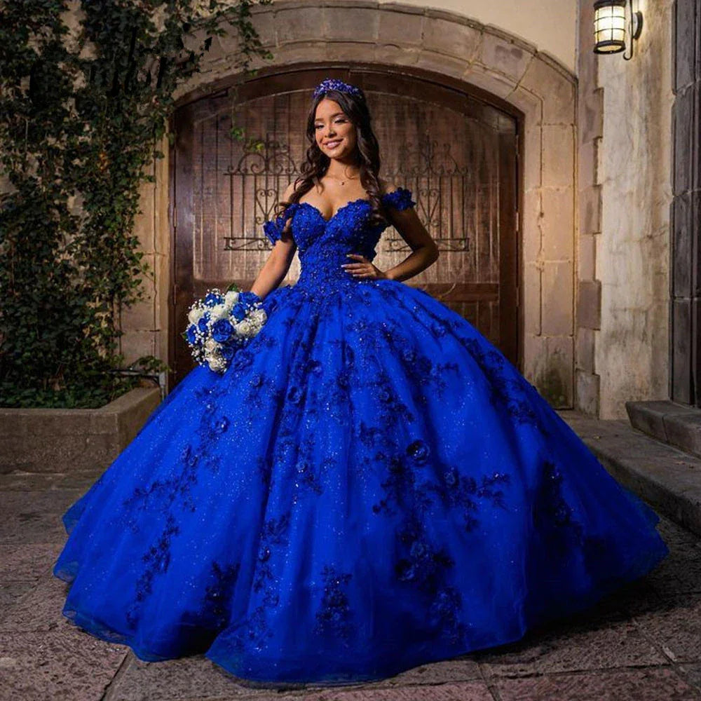 Vestidos de Azul Real para Quinceanera para Doce 15 Anos Vestido de Baile Bufante com Ombros Descobertos Y2726