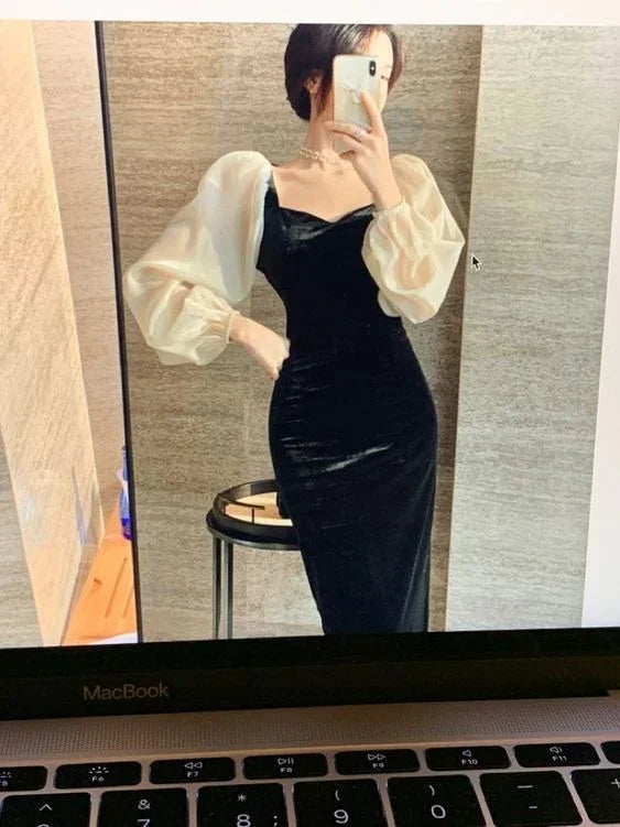 Winterliches Samtkleid mit V-Ausschnitt, elegant, schwarz abgesteppt, Damen, Retro, hohe Taille, Puffärmel, Abendkleid Y5673