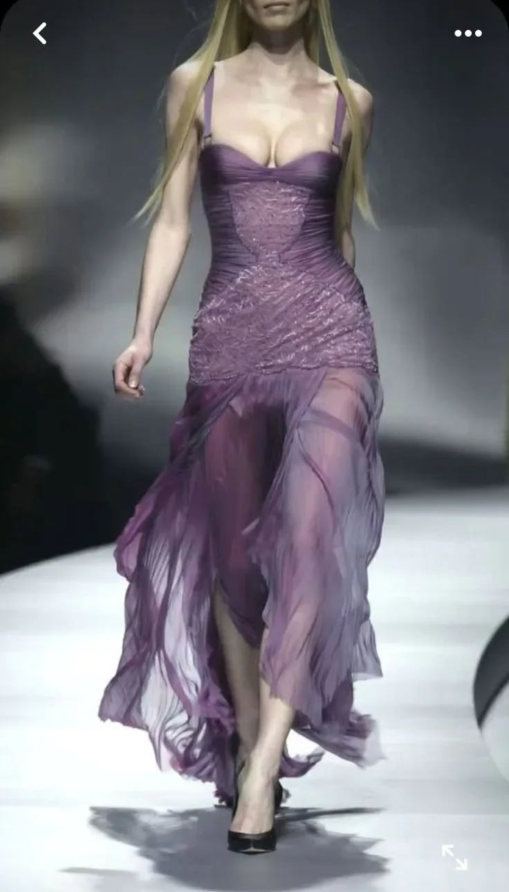 Vestido de noite formal vintage roxo em tule com renda, corte sereia, vestido de baile Y8447