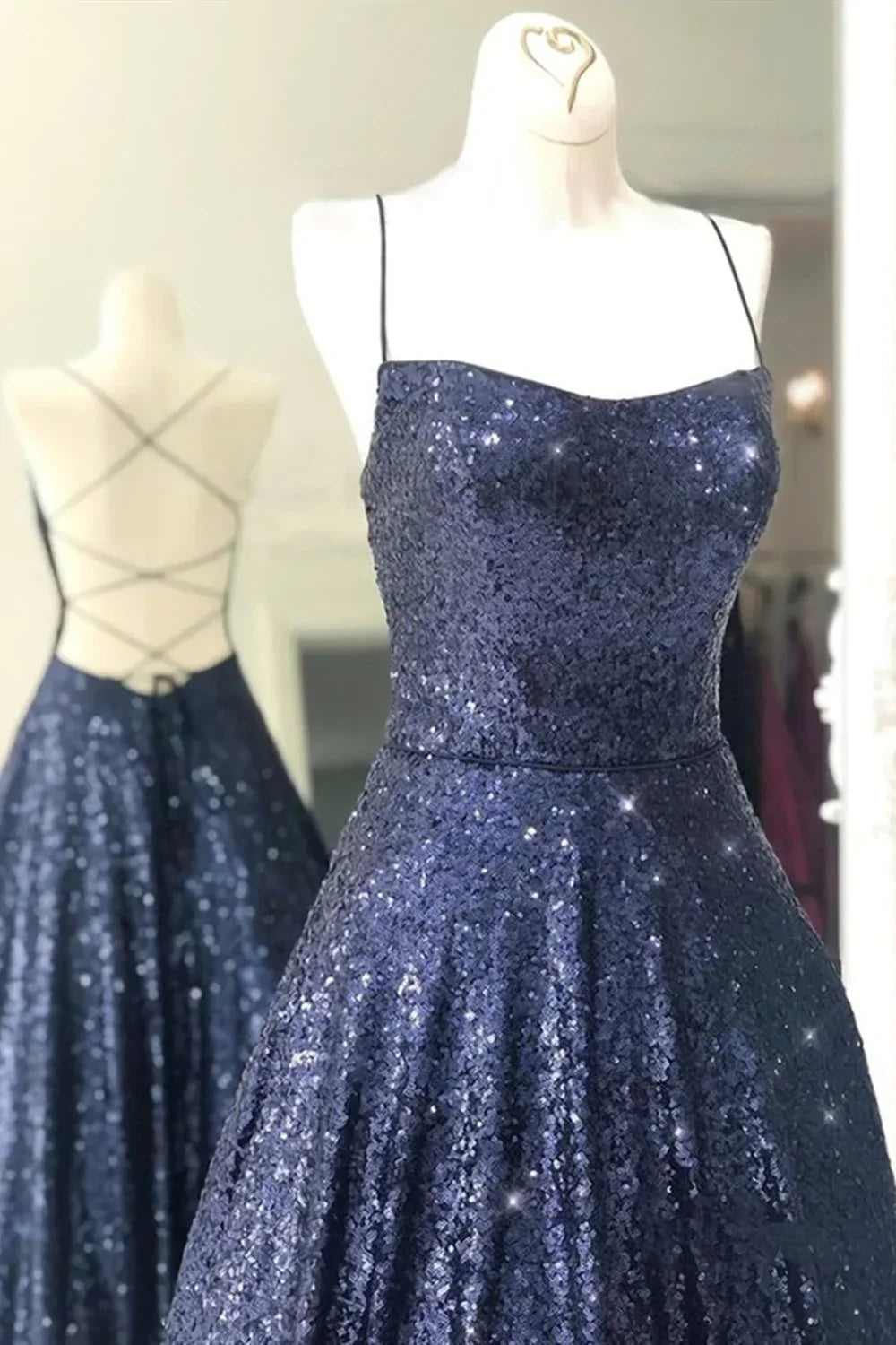 Vestidos largos de gala azul marino con espalda descubierta y brillante Vestidos largos formales de noche azul marino con espalda abierta Y875
