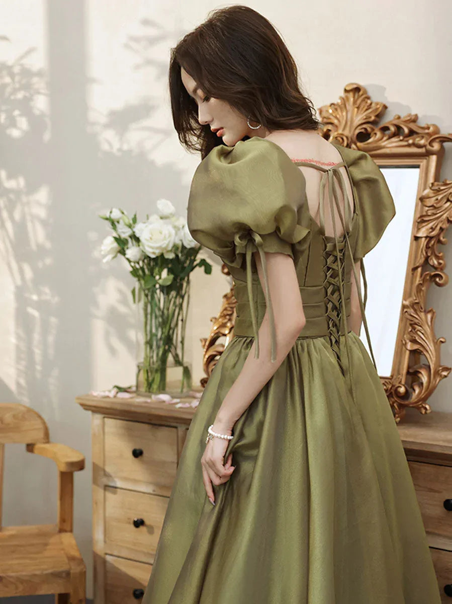 Einfaches grünes Tüll-Abendkleid mit V-Ausschnitt, lang, grüne Abendkleider Y1872