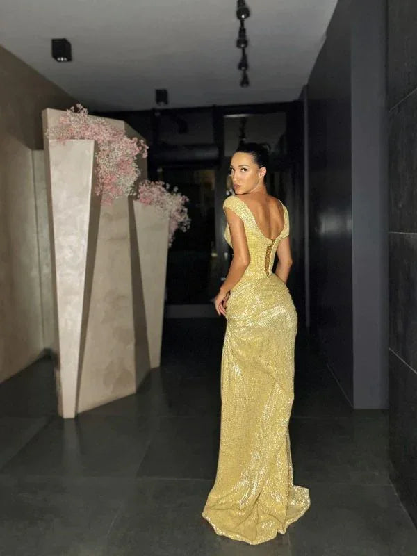 Fashion sleeveless split sequin evening dress Y4279