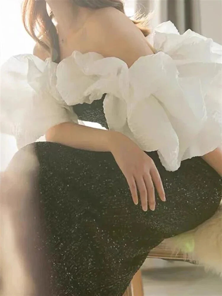 Vestido de Noite Gótico Preto e Branco com Folhos Vestido Formal Y4383