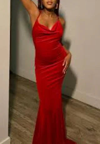 Vestido de noche de terciopelo rojo con tirantes finos rojos, estilo sirena, vestido de gala Y7816