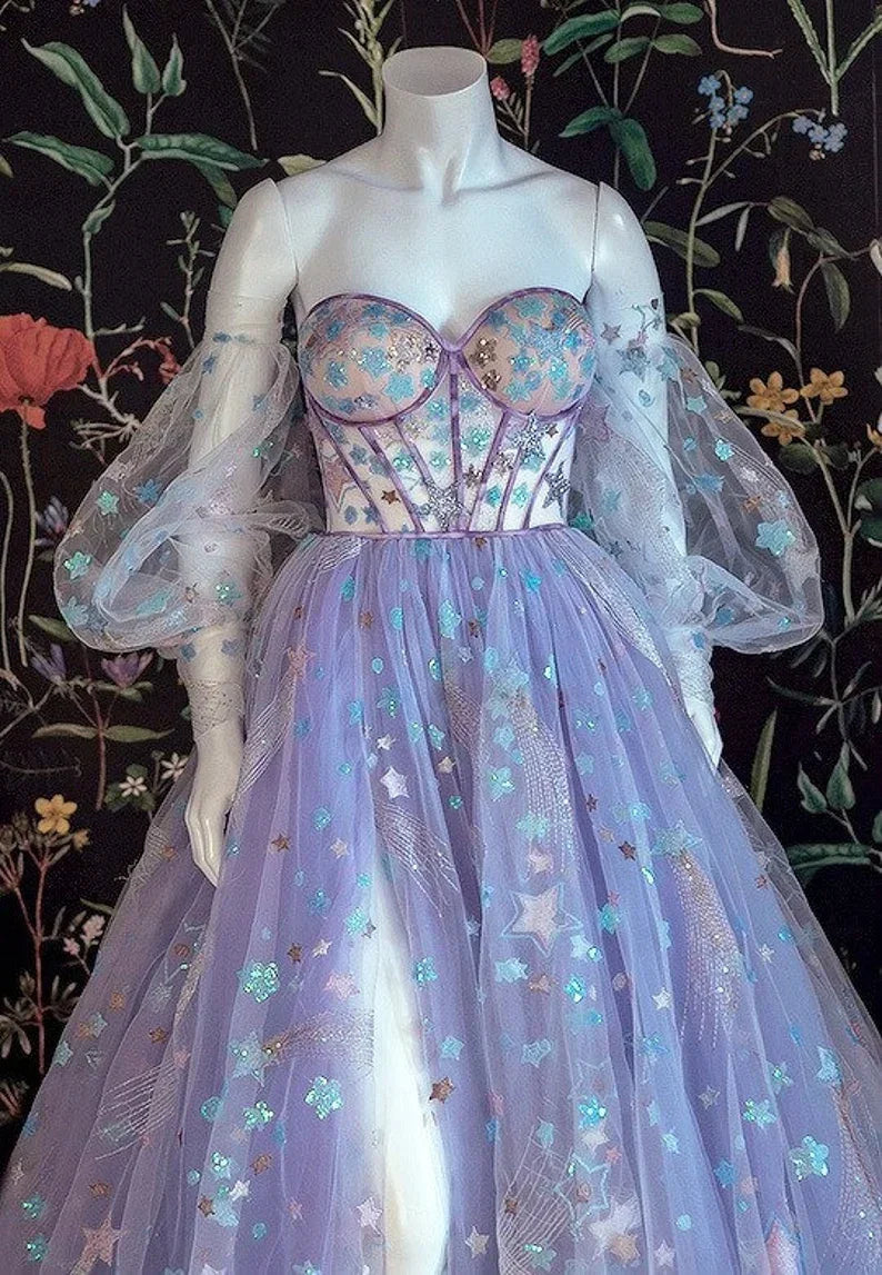 Beautiful Light Purple Tulle Dress Floral Dress Off Shoulder Sweetheart Dress A-line Evening Dresses With Slit Start App