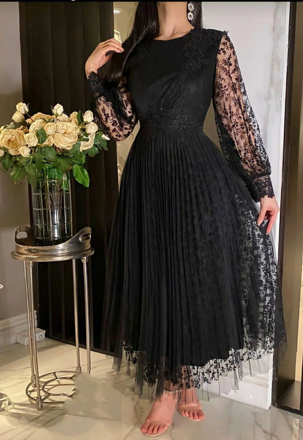 فستان سهرة أنيق أسود بقصة على شكل حرف A فستان رسمي أسود Y5730