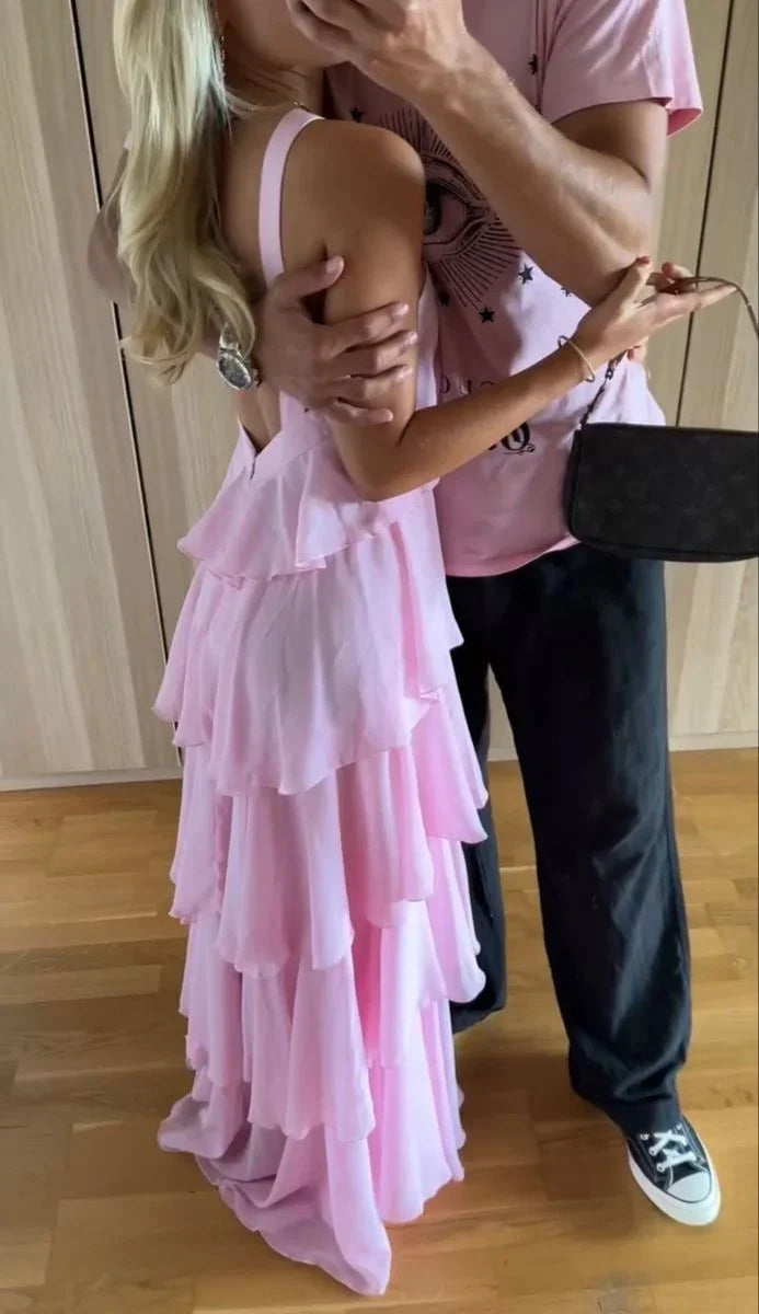 Vestido de baile cor-de-rosa para mulher, em linha A com folhos, vestido de noite cor-de-rosa sem costas Y4532
