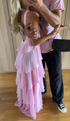 Vestido de baile cor-de-rosa para mulher, em linha A com folhos, vestido de noite cor-de-rosa sem costas Y4532