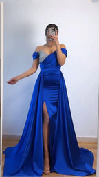 Vestido de noche azul real con hombros descubiertos y abertura, vestido de concurso Y6005