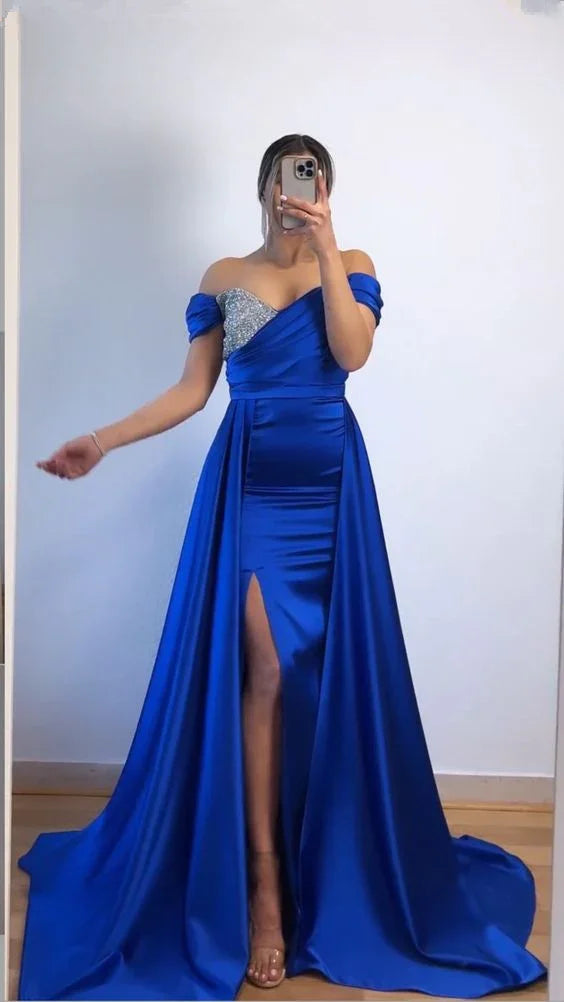 Vestido de noche azul real con hombros descubiertos y abertura, vestido de concurso Y6005