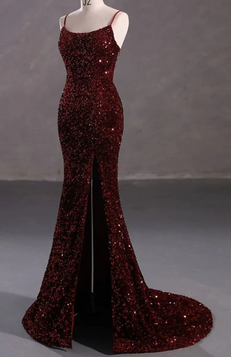Vestido Formal de Baile de Finalistas com Costas Abertas, Brilhante, Slim, Borgonha Y4164