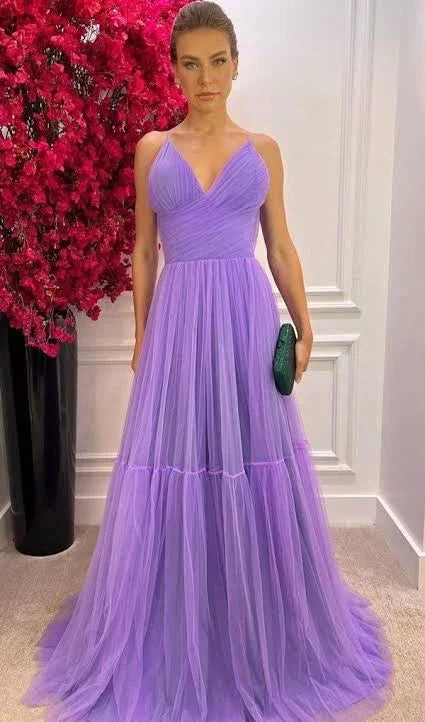 A-line V Neck Purple Tulle Prom Dress Purple Evening Dress Y6168