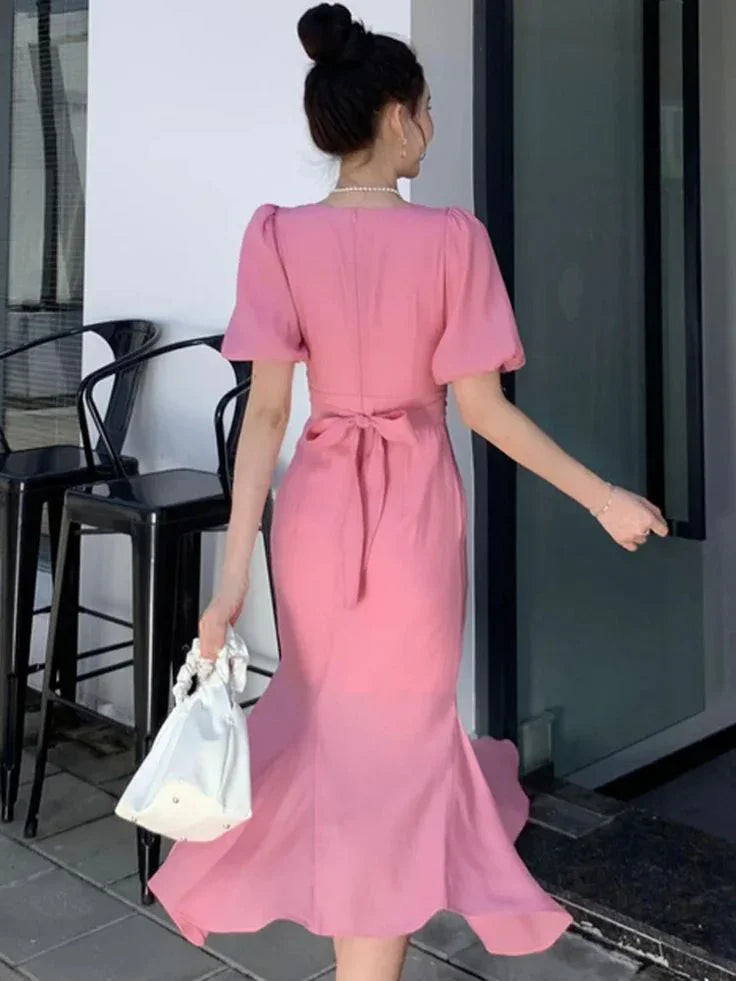 Classy Pink Puff Sleeves Mid-length Prom Dress Pink Evening Dress Y7113