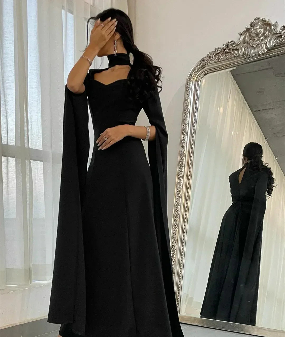 Elegant High Neck Sweetheart Neckline Floor Length Black Crepe Long Evening Dress Y4853