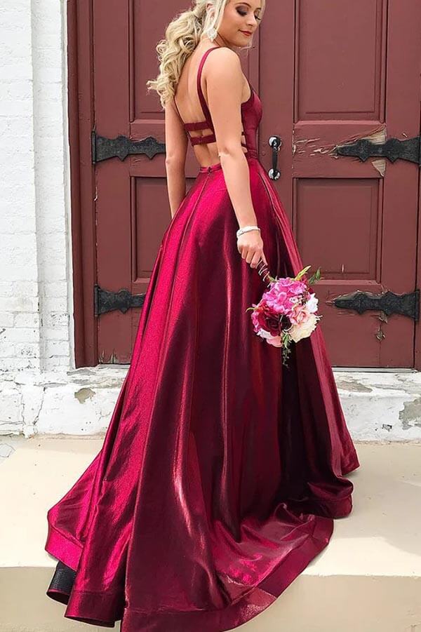 Abito lungo da cerimonia in taffetà a linea ad A con scollo rotondo e spalline sottili, con tasche