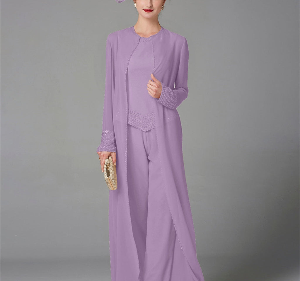 Mother Of The Bride Pantsuit With Jacket And Sequins Long Sleeve Chiffon