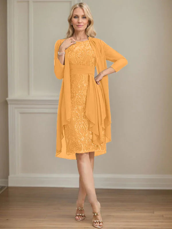 Etui/Säulenförmiges Kleid mit Illusion, knielang, aus Spitze und Chiffon, Brautmutterkleid mit herabfließenden Rüschen und Pailletten