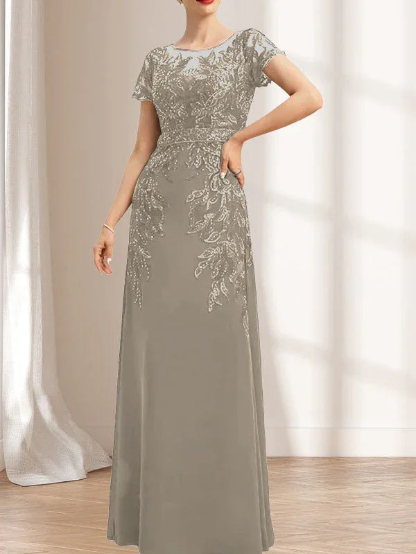 Vestido de madrina de novia con ilusión, corte columna y fajín, largo hasta el suelo, de encaje y gasa con lentejuelas